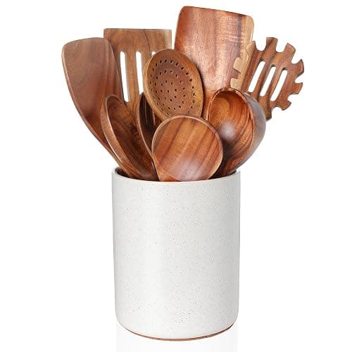 Nucookery Wooden Cooking Utensils Set with Holder, Teak Wood Utensils, Ceramic Holder for Countertop with Protection Cork Bottom, Nonstick Spoons, Cooking Spatula Set, 10 Pcs Kitchen Decor, (Sand) - Wood 10pcs - Sand (wood ) - Image 1
