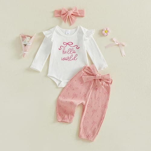 Twopumpkin Preemie Clothes Baby Girl Outfit Newborn Hello World Ribbed Romper Knitted Pants Headband Coming Home Outfits thumbnail 4