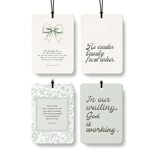 FISWAFY Green Christian Car Air Freshener 4 Pcs, Coquette Bow Floral Religious Hanging Air Freshener for Cars Closet Drawer Books, Cute Girly Christian Car Accessories Mirror Decor for Women - Image 1