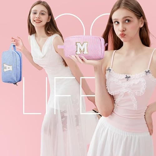 YOOLIFE Birthday Gifts for 4 5 6 7 8 9 10 11 12 13 14 Year Old Girl, Teen Girl Gifts Trendy Stuff, Initial Makeup Bag, Travel Toiletry Pouch, Pink M thumbnail 3