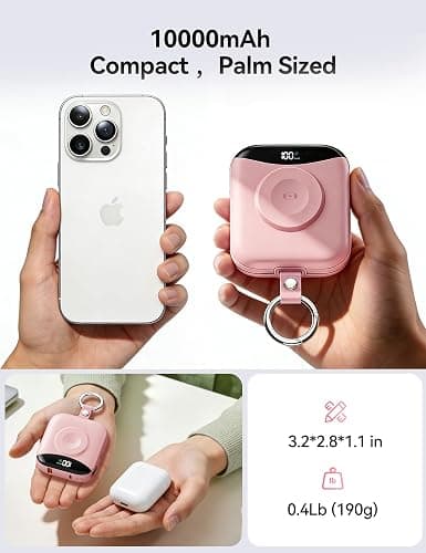 Portable Charger Power Bank, 10000mAh Fast Charging Power Bank with Built-in Cables, Travel Keychain Battery Pack with LED Display for iPhone Samsung Android iPad iWatch Charger 11/10/9/8/Ultra,Pink thumbnail 3