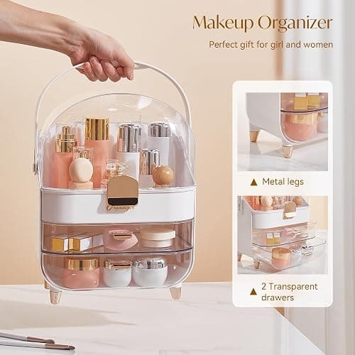 BTGGG Makeup Organizers, Make Up Organizer for Vanity, Countertop Cosmetic Storage with Drawers and Transparent Cover for Bedroom Bathroom, Pearl White thumbnail 3