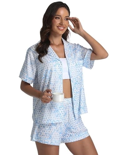 ANGELBEE 2 Piece Preppy Pajamas Button Down Y2k Print Monkey Pajamas for Women Cute Beach Shorts Set pjs Loungewear - Blue-b - Large thumbnail 6