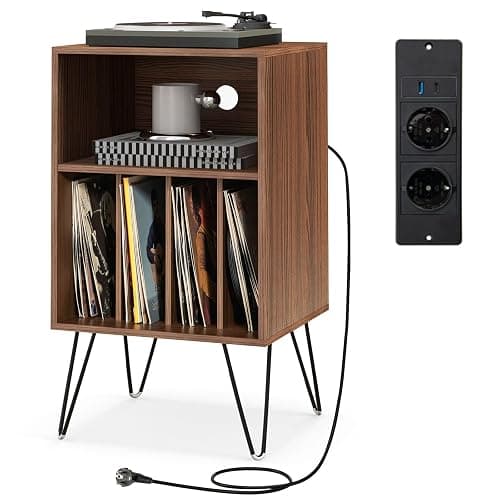 COSTWAY Meuble Tourne-Disque Vinyle avec Prise, Support Tourne-Disque pour Albums avec Station de Charge, 2 Prises, 1 USB,1 Type-C, Pieds en Métal, Table d’Appoint pour Salon Chambre (Noyer) - Image 1