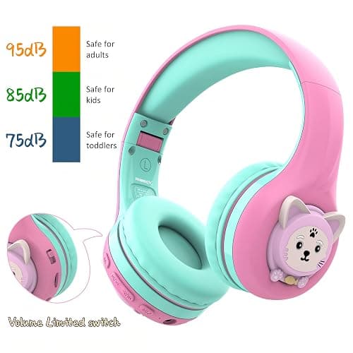 Riwbox CB-7S Kids Wireless Headphones,with Safe Volume Control 74/85/95dB,LED Glow Lights,50H Playtime,Bluetooth V5.3,Built-in Mic, TF Card Slot,for Travel/School/Phone/Laptop (Pink&Green) thumbnail 3