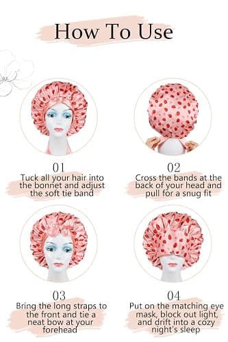 Vettres Double Layer Satin Hair Bonnet with Eye Mask Silk Sleep Cap with Tie Head Wrap for Curly Natural Hair Pink Strawberry thumbnail 8