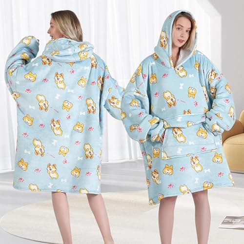 Fiosnow Corgi Blanket Hoodies for Women and Men Adult Oversize Wearable Blanket Hoodies for Soft and Warm - Light Blue Corgi - Adult thumbnail 6