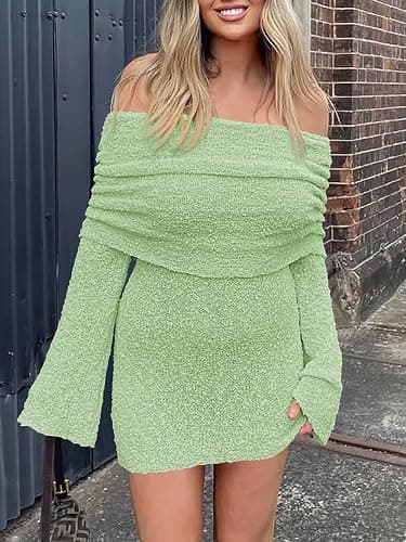 Imily Bela Womens Beach Swimsuit Cover Ups Summer Off The Shoulder Long Bell Sleeve Sheer Mini Dress thumbnail 5