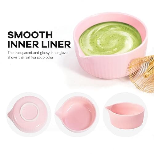 Pink Traditional Matcha Whisk Set, 5 Pcs Japanese Matcha Kit with Chawan Ceramic Bowl with Spout, Chasen Bamboo Whisk and Holder, Scoop, Sifter - Matcha Set Kit Gift for Ceremony Matcha Lattes Lover thumbnail 8