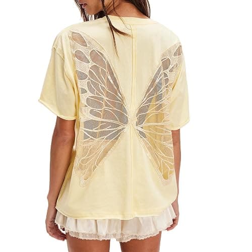 Women Butterfly Lace Short Sleeve Top Y2k Oversized Cut Out Solid Crew Neck T Shirts Summer Embroidered Tee - Image 1