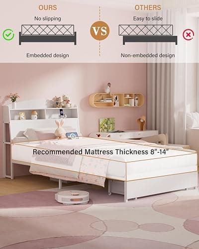 Wooden Twin Bed Frame with Smart Storage Headboard & Drawer, 3-in-1 USB Charging Station, No Box Spring Required, Non-Slip Design, Perfect for Kids, Teens, or Guest Room (No Door White, Twin) thumbnail 3