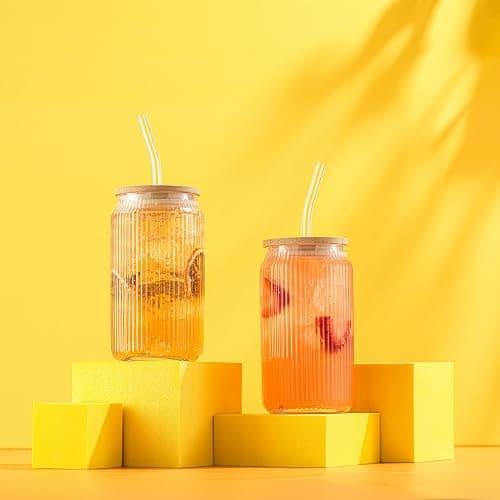 JoyJolt Fluted Glass Tumblers with Bamboo Lids and Glass Straws, Ribbed Can Shaped Drinking Glasses Set of 4, 16oz Cup with Lids and Straws, Iced Coffee Cups, Cocktail/Beer Glasses, Tea Cups thumbnail 8