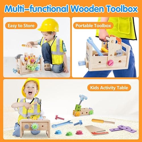 Aliex Wooden Kids Tool Set, 30pcs Toy Tools for Toddlers with Vest, Tool Kit Toddler Montessori Stem Learning Educational Toys for 3 4 5 Years Old Boys Girls, Birthday Gift for Kids thumbnail 7