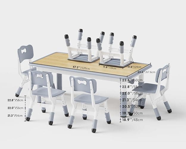 Brelley Kids Table and 6 Chairs Set, Height Adjustable Toddler Desk and Chair Set, Graffiti Desktop, Classroom/Daycare/Home, Children Multi-Activity Table for Ages 2-8 thumbnail 2
