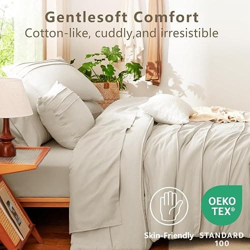 CozyLux Comforter Set Queen Size, Beige 7 Pieces Soft Pinch Pleat Bed in a Bag Queen Comforter Set with Sheets, Boho Bed Set with Down Alternative Comforter, Sheets, Pillowcases & Shams thumbnail 3