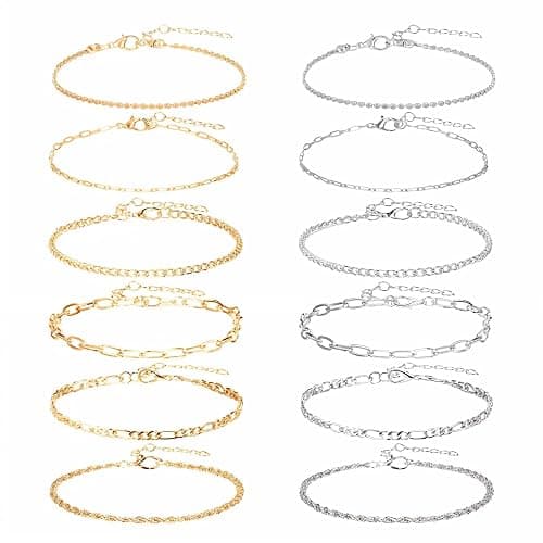 KFHENSOMR 12pcs Gold/Silver Ankle Bracelets for Women Layered Waterproof 14k Cuban Link Chain Anklets Set Adjustable Dainty Summer Beach Gold Accessories Boho Bracelet Jewelry - Image 1
