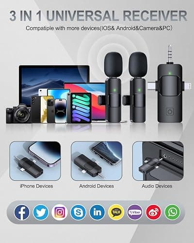 PQRQP 3 in 1 Professional Wireless Lavalier Microphone for iPhone/Android/Camera, Wireless Microphones, Mini Microphone, Crystal Clear Sound Quality for Recording, Live Streaming, Clips-Elegant Black thumbnail 8