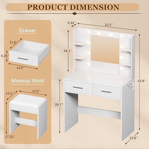 Furmax Make up Vanity Desk with Mirror and Power Outlet, Vanity with 3 Color Light Options Adjustable Brightness,Vanity Desk with 2 Drawers, 6 Storage Shelves (White, with Bench) thumbnail 3