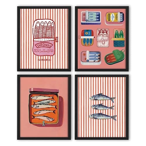 NaZaUK Kawaii Style Sardine Decor, Vintage Sardines Fish Wall Art Prints, Retro Ocean Fish Wall Art Posters for Home Kitchen Dining Room Beach House Decor, 8x10 Unframed Set of 4 - Image 1