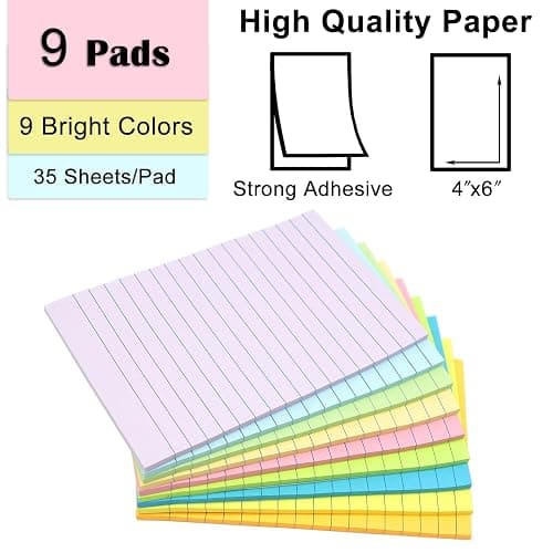 (9 Pack) Lined Sticky Notes 100mm x 150mm, 9 Pastel Ruled Post Stickies Colorful, Super Sticking Power Memo Post Stickies Large Sticky Notes for Office, Home, School, Meeting, 35 Sheets/pad thumbnail 3