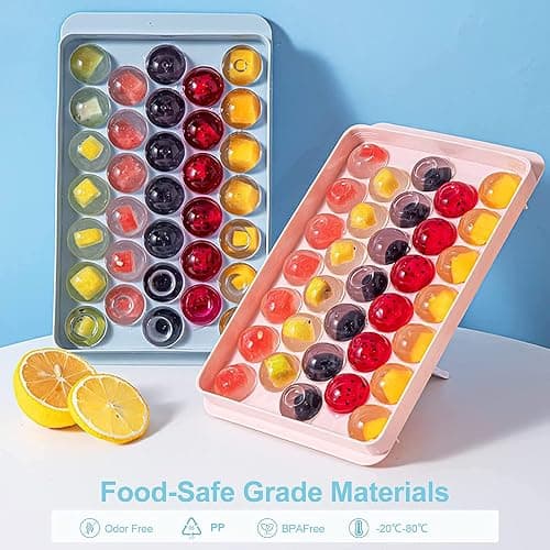 Julyupoli Lot de 2 bacs à glaçons en avec couvercle, peu encombrant et empilable, certifié LFGB et sans BPA, bacs à glaçons ronde faciles à retirer （Bleu+Rose） thumbnail 6