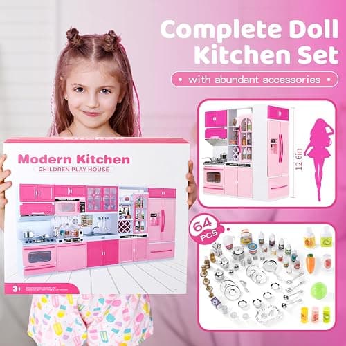SOCBTNSO 64 PCS Pink Kitchen Toys with Lights Sounds|Mini Kitchen House Furniture Sets for Kids Ages 4-8|Doll Playset Toys for Toddlers 3-5|Birthday Gifts for 3 4 5 6 7 8 Old Girls thumbnail 3