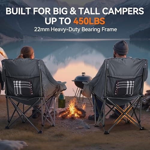 Huskfirm 2 Pack Camping Chairs Oversized Padded Camping Chair Heavy-Duty Foldable Camping Chairs with Cup Holder and Cooler Bag Portable Lawn Chair for Sports Outdoors-Support 450LBS, Grey thumbnail 5