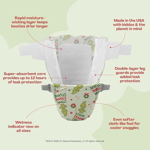 Hello Bello Dr. Seuss Baby Grinch Premium Diapers, Size NB (Up to 10 lbs), 76ct Plus Bonus Wipes: Softness & Protection for Sensitive Skin thumbnail 5