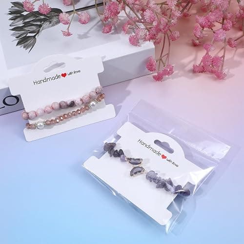 Piriuuo 50 Pcs Bracelet Display Cards with Clear Bags, Bracelet Packaging for Small Business Jewelry Display Card Handmade with Love Jewelry Tags for Selling Hair Ties, Bracelets, Necklace (White) thumbnail 3
