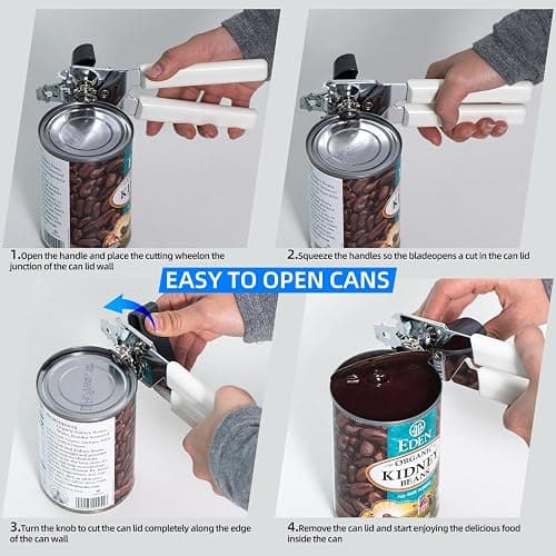 Can Opener Manual, Can Openers Hand Held with Comfort Anti-Slip Handles, Heavy Duty Stainless Steel Can Opener Smooth Edge and Bottle Openers, Easy Turn Can Openers for Seniors, Kitchen, White thumbnail 4