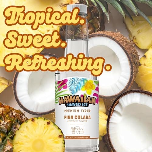 Hawaiian Shaved Ice Pina Colada Syrup - Nut Soy Dairy Free - Flavor Fluffy & Crunchy Snow Cone - Shelf Stable - Makes 8 Servings - 16 ounces thumbnail 3