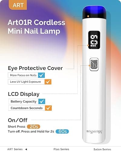 Melodysusie Handheld UV Light for Gel Nails, ART01R Cordless Gel X Nail Lamp Rechargeable with LCD Display, Eye-Protective Cover Flash Cure Nail Dryer for Rhinestone Glue Decoration DIY at Home White - White thumbnail 2