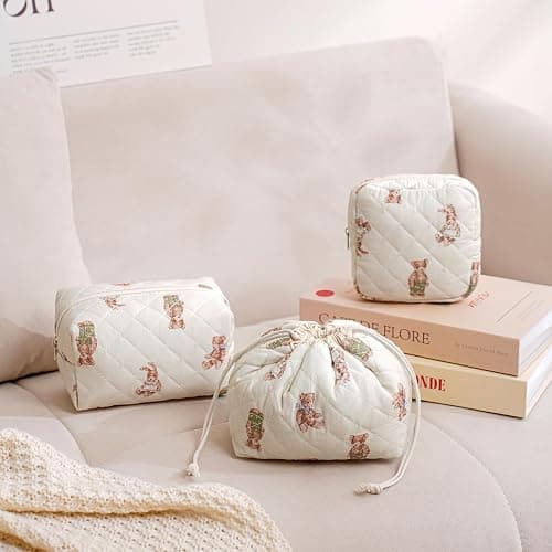 uekeboag 2 pcs Large Floral Quilted Makeup Bag Set for Women, Cotton Quilted Big Cosmetic Bag, Coquette Aesthetic Cute Travel Toiletry Bag thumbnail 4