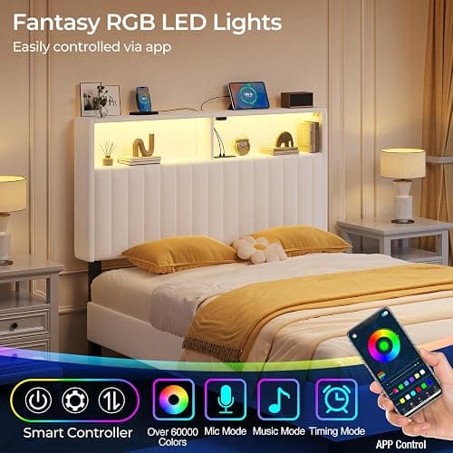 Rolanstar Headboard for Twin Size Bed with Storage, Head Board with USB & Type C Port, 60,000 DIY Color of LED Light, Velvet Upholstered, Height Adjustable, Sturdy, Easy Assembly, White thumbnail 3