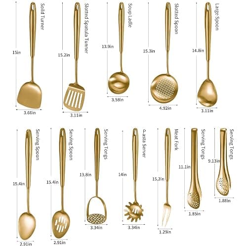 304 Stainlss Steel Matte Kitchen Utensils Set, 12 Pcs Long Metal Cooking Utensil Gadgets Tools Set with Spatula, Ladle, Spoon, Ladle, Skimmer, Tunner, Pasta Server, Tongs(Gold, Dishwasher Safe) thumbnail 2