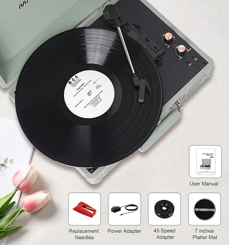 MANGOSTAN Record Player 3 Speed Bluetooth Portable Suitcase, Vinyl Phonograph with Built-in Bass & Speakers, Belt-Driven LP Player Support AUX-in RCA Line Out Headphone Jack, Green thumbnail 7