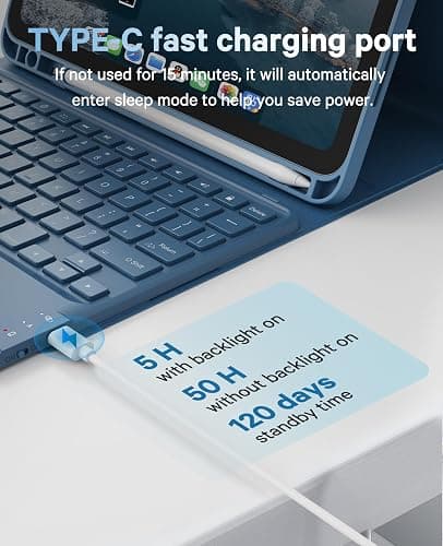 CHESONA for iPad 10th Generation Case with Keyboard, 7 Color Backlight, Multi-Touch Trackpad, Flip Stand Case with Pencil Holder, 2 Wireless Channels for iPad (A16) 11th/10th Gen 2025/2022, Steel Blue thumbnail 5