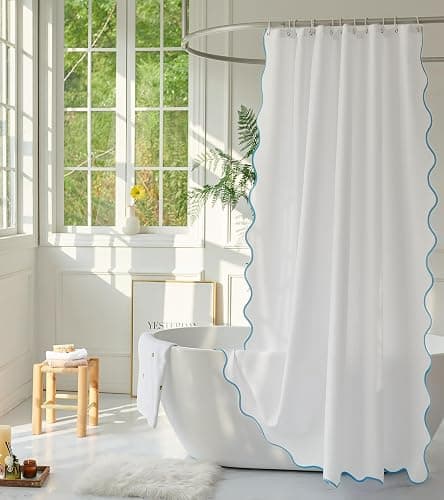 youngseahome White Fabric with Aqua Scalloped Border Shower Curtain,Boho Chic Cloth Shower Curtain for Bathroom Showers,36 x 72 Inches - Aqua Edge - 36"W×72"H - Image 1