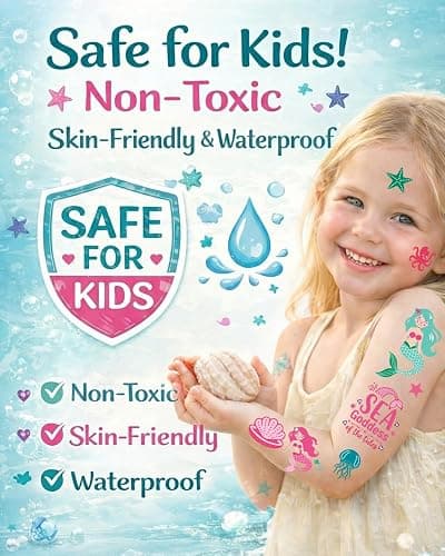 Mermaid Temporary Tattoos for Kids – 106 Cute Ocean & Mermaid Designs, Waterproof, Non-Toxic & Skin-Friendly, Easy to Apply, Perfect for Under the Sea Birthday Party Favors & Goodie Bags thumbnail 6