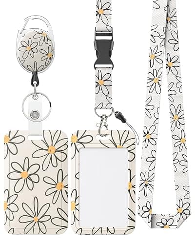 Uniclife Floral Sliding Badge Holder White Flower Plastic Case with Retractable Badge Reel Carabiner Clip & Detachable Lanyard Strap Fashionable Vertical Card Protector for Women Nurse Teacher Student - Image 1