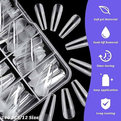 240pc Coffin Gel Nail Tips Long Fake Nails Clear Press ons Nail, Long Coffin Nails Tips Acrylic Nails Extension Soft Gel Nails Tip Full Cover Ballerina False Nail Clear Artficial Fingernails thumbnail 2