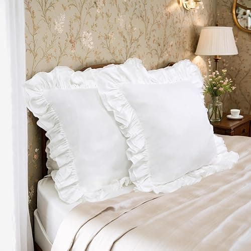 Lemfux White European Pillow Shams 18x18 Inch 100% Cotton, Set of 2, Decorative Euro Sham Covers with Ruffled French Country Style White Euro Sham Covers thumbnail 6