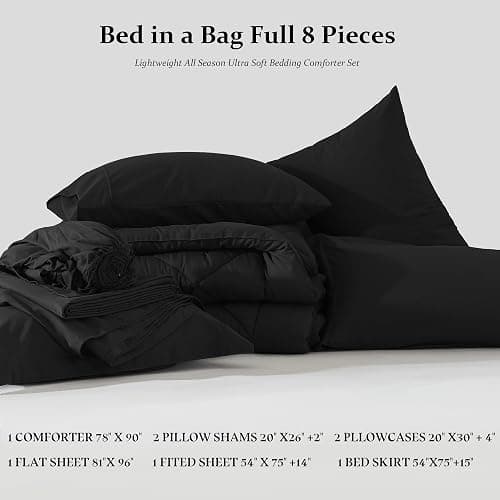 Newspin Full Comforter Set Black - Bed in a Bag Full Size 8 Pieces, All Season Bed Set, Fluffy Comforter Set with Sheets, Sheet Set Quilt Blanket, Pillowcases & Shams & Bed Skirt - Black - Diamond - Full thumbnail 8