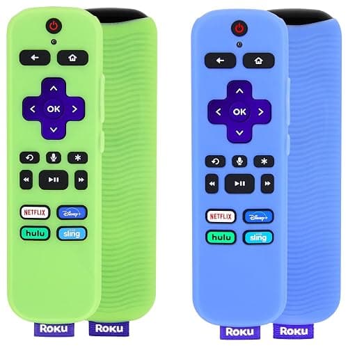 [2 Pack] Remote Cover (Glow in The Dark) Compatible with Roku Voice Remote, Pinowu Anti Slip Silicone Cover Compatible with Roku Players and Roku TVS Voice Remote (Green and Blue) - Image 1