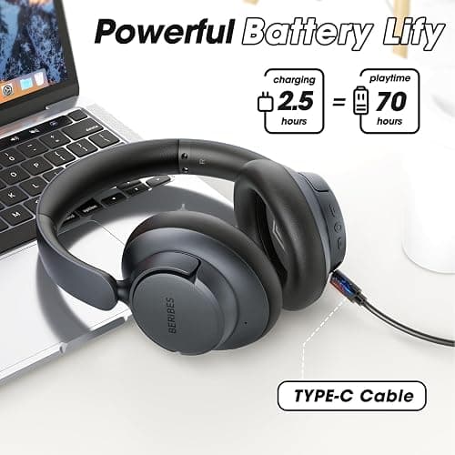 BERIBES Upgraded Hybrid Active Noise Cancelling Headphones with Transparent Modes,70H Playtime Bluetooth Headphones Wireless Bluetooth with Mic, Deep Bass,3.5MM Cable,Soft-Earpads,Fast Charging-Black thumbnail 3