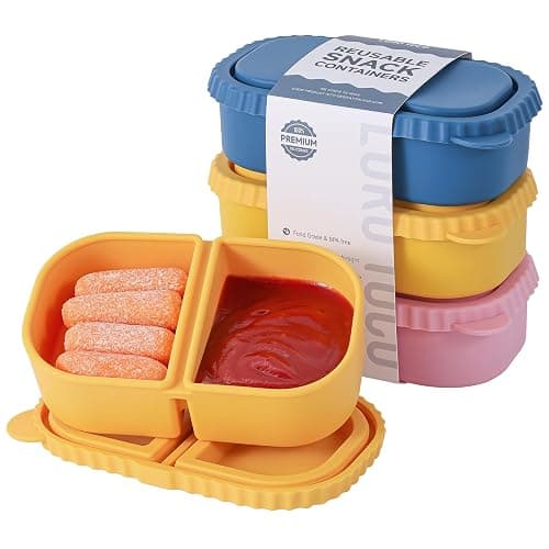 LOROTOCO 3 Pack Silicone Reusable Snack Containers with Lids - 8 oz Double Compartment Snackle Box for Kids & Adults, BPA-Free & Leakproof, Small for Dressing, Snacks, School, Office, Picnic - Image 1