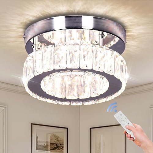 xychfantligh 7.8" Crystal Chandelier Modern LED Mini Flush Mount Ceiling Light Fixtures Dimmable with Remote K9 Crystal Round Small Chandeliers for Hallway Bedroom Kitchen - Image 1