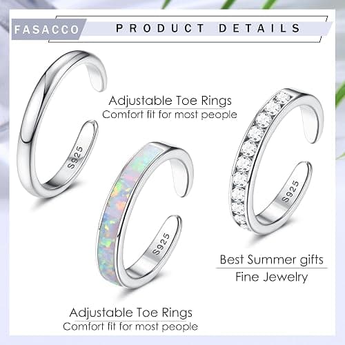 925 Sterling Silver Toe Rings for Women Non Tarnish Waterproof Toe Ring | Dainty Cute CZ Band Opal Adjustable Open Toe Rings Summer Beach Foot Jewelry thumbnail 2