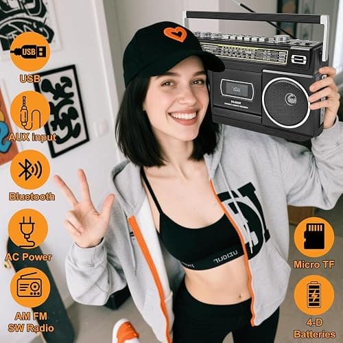 Cassette Player Boombox with Bluetooth, AM/FM/SW Radio & Record to USB, 24W Stereo Sound, 4 Power Modes, Portable Retro Stereo for Indoor Outdoor, Classic Black thumbnail 2