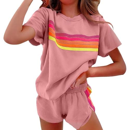 Women's 2 Piece Sets Summer Rainbow Striped Short Set Comfortable Short Sleeve Top and Shorts Matching Set - Image 1